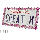 Creathome 3D Shining Daisy Wrenth License Plate Frame from Pure Zinc Alloy Metal Perfect Plate Holder, Chrome with Pink Glitter