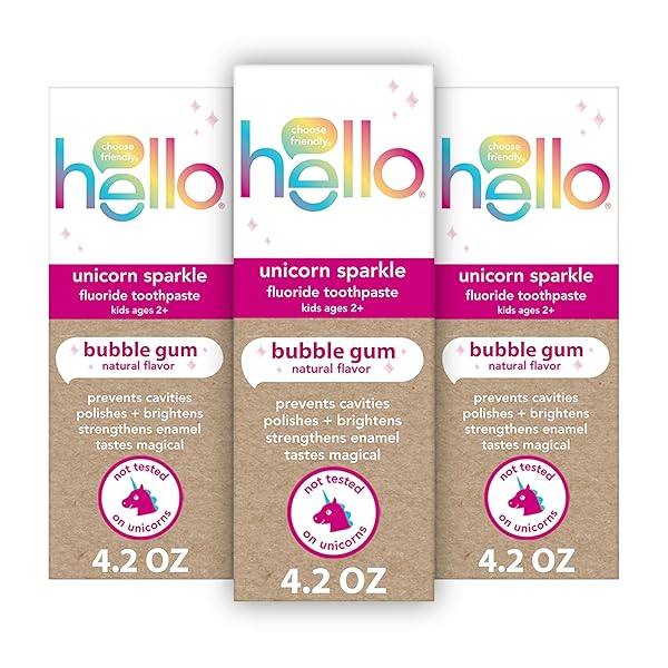HELLO UNICORN SPARKLE KIDS TOOTHPASTE WITH FLUORIDE, BUBBLE GUM TOOTHPASTE, 4.2 OZ TUBE (PACK OF 3)