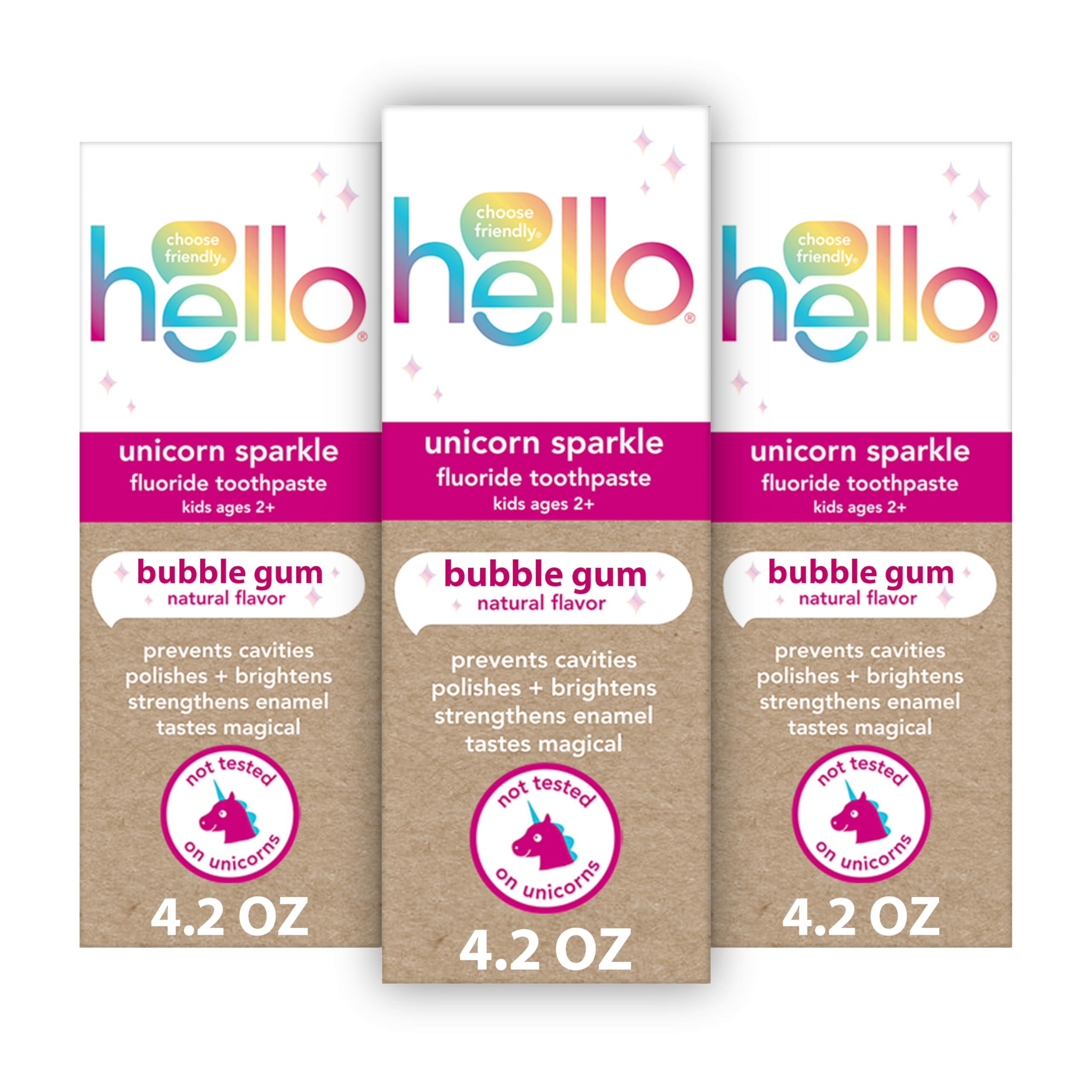 Hello Unicorn Sparkle Kids Toothpaste with Fluoride, Bubble Gum Toothpaste, 4.2 Oz Tube (Pack of 3)