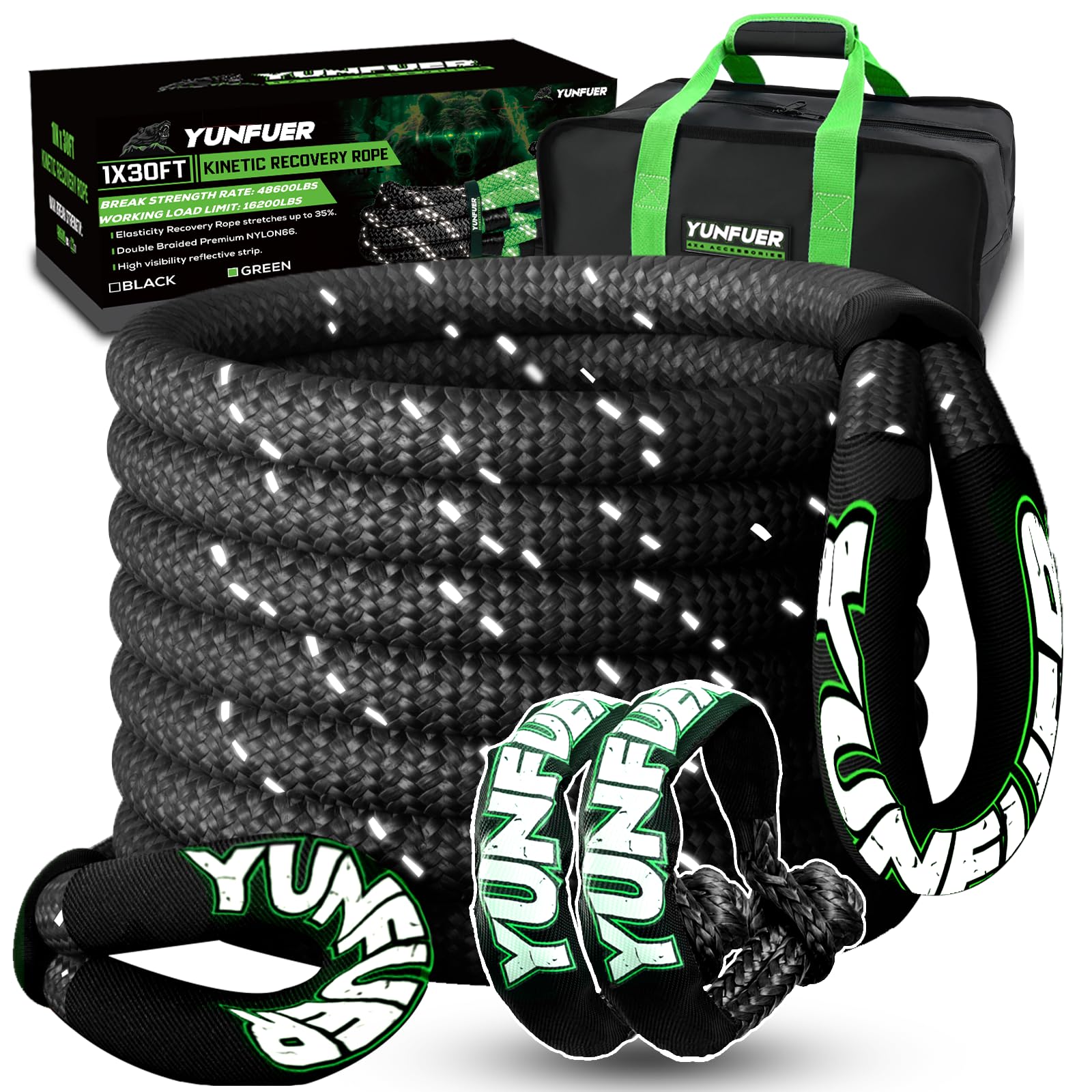Photo 1 of YUNFUER Heavy-Duty Kinetic Recovery Rope Kit – 48,600lbs, 1in x 30ft – Includes 2 Ultra-Strong UHMWPE Soft Shackles – 35%+ Elasticity for Off-Road Recovery, Towing & Emergency Use (Reflective)