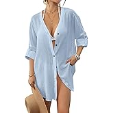Bsubseach Button Down Swimsuit Coverup for Women Long Sleeve Bathing Suit Cover Up Oversized Shirt Womens Blouse Summer Top