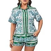 WDIRARA Women's Plus Size 2 Piece Outfit Paisley Print Button Front Short Sleeve Shirt and Shorts Set