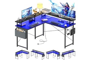 armocity L Shaped Computer Desk with Power Outlets, Gaming Desk L Shaped with LED Lights, Corner Desk with Storage Shelves, Work Study Desk for Bedroom, Home Office Small Spaces, 47'', Black