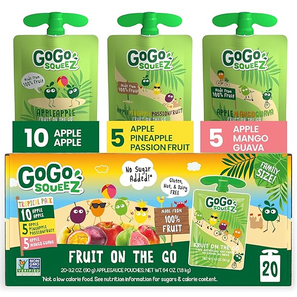 GOGO SQUEEZ APPLESAUCE AND FRUIT PUREE VARIETY PACK, APPLE, MANGO GUAVA & PINEAPPLE PASSIONFRUIT, 3.2 OZ (PACK OF 20), UNSWEETENED FRUIT SNACKS FOR KIDS, NO GLUTEN, NUT & DAIRY, BPA FREE POUCHES