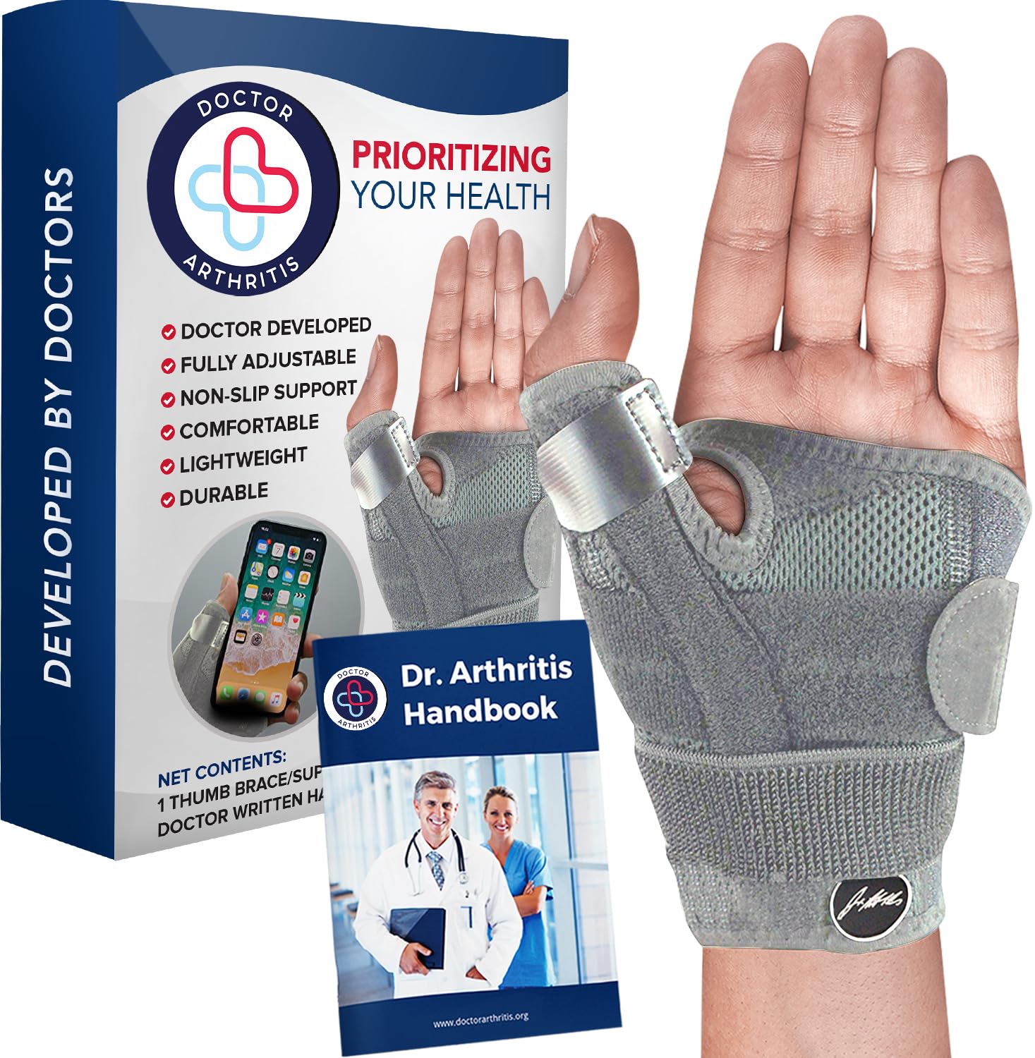 Doctor Developed Thumb Brace for Arthritis & Doctor Handbook, Adjustable Thumb Splint Right Hand & Left Use, Trigger Thumb Spica Splint Support, Hand Stabilizer for Sprain Recovery (Grey, Single)