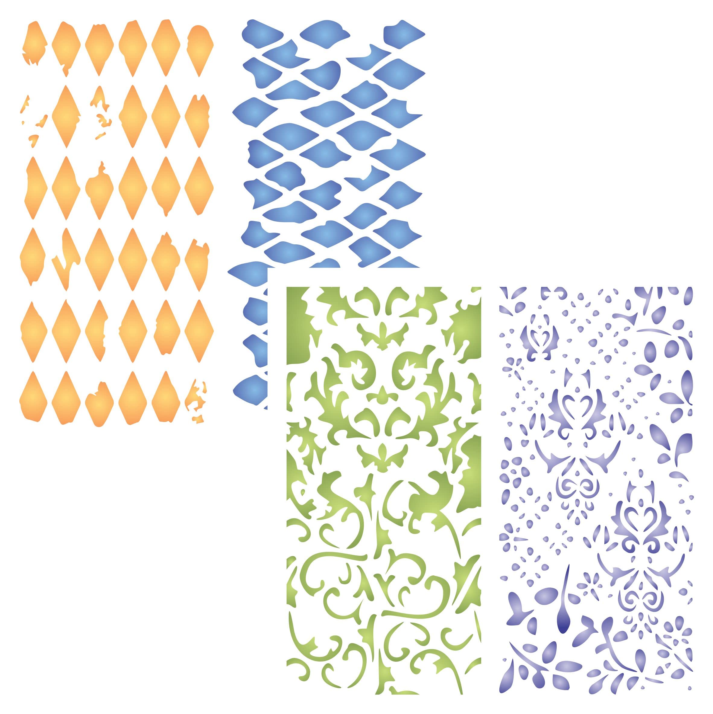 2X Background Stencil, 2pc / 11.5 x 11.5 cm (S) - Use Layering Diamonds Flowers Leaves Scrolls to add Texture and Design to Mixed Media Stencils for Painting Template
