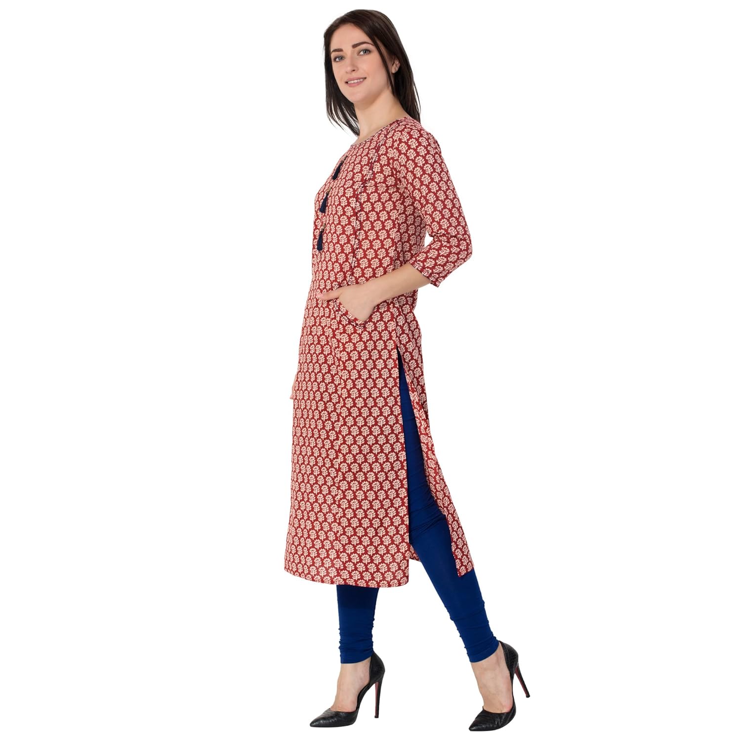 gulmohar jaipur women's cotton straight kurti (red)