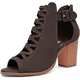 NEWBELLA Women's Peep Toe Chunky Heel Booties Block Heel Ankle Strap Buckle Open Toe Cutout Dress Sandals for Party