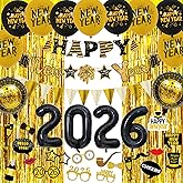 2026 New Years Eve Party Supplies Kit, Banner, 2026 Number Balloons, Gold Fringe Curtains, Photo Props & Ribbon for NYE and Graduation Decorations