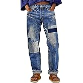 Flamingals Straight Leg Mid Waist Jeans for Women Wash Patched Denim Pants with Pockets