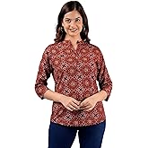 ANUSHIL Women's Cotton Printed V-Neck Top | 3/4 Sleeve Casual Tunic Blouse for Office, Daily & Summer Wear