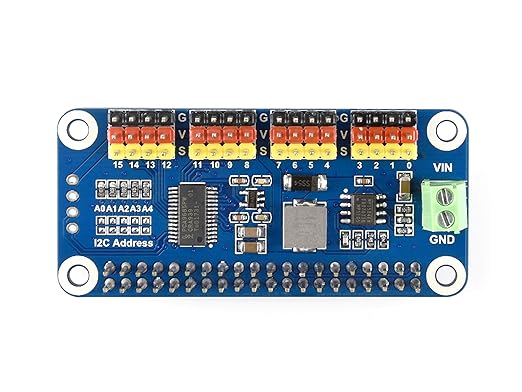 Waveshare 16-Channel PWM Output Servo Driver HAT for Raspberry Pi 12-bit I2C Interface with VIN Terminal