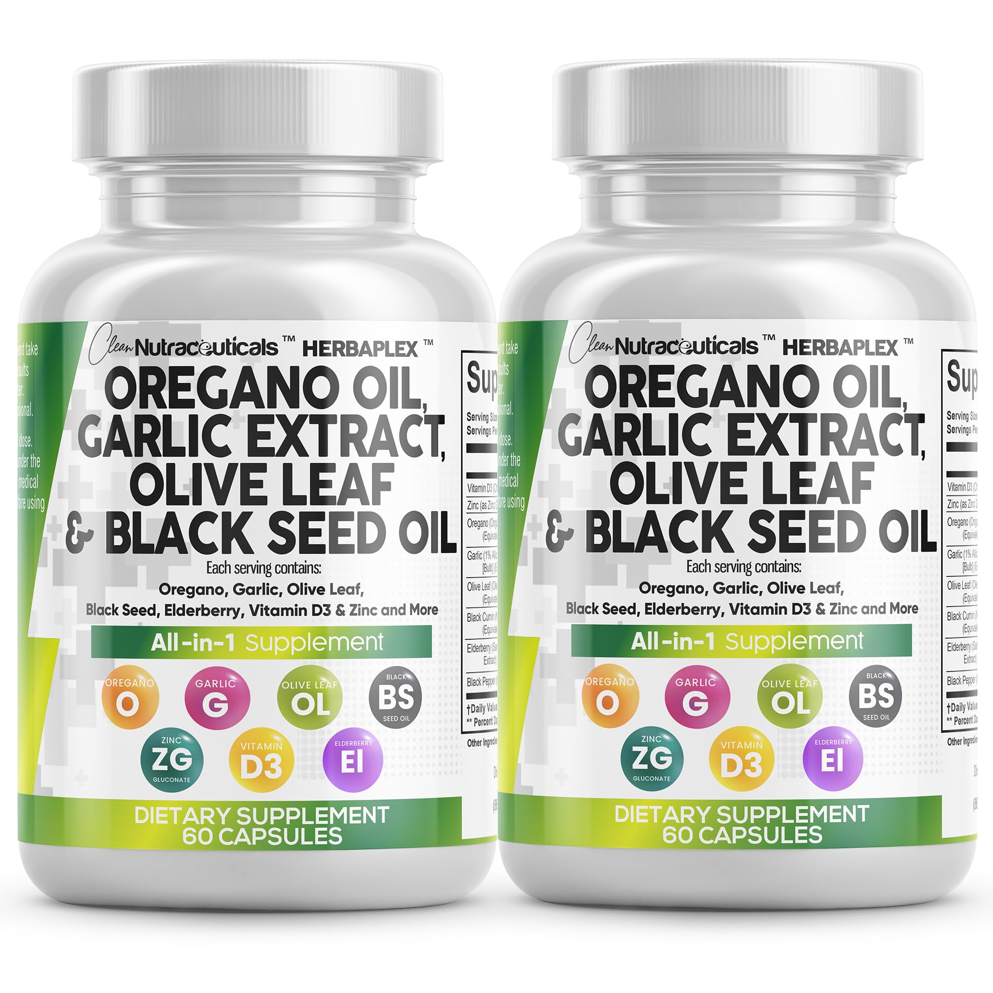 Clean Nutraceuticals Oregano Oil Garlic Extract Olive Leaf Black Seed Oil - Immune Support & Digestive Health Supplement for Women and Men with Vitamin D3 & Zinc - 2Pack Image Clean Nutraceuticals Oregano Oil Garlic Extract Olive Leaf Black Seed Oil - Immune Support & Digestive Health Supplement for Women and Men with Vitamin D3 & Zinc - 2Pack Image