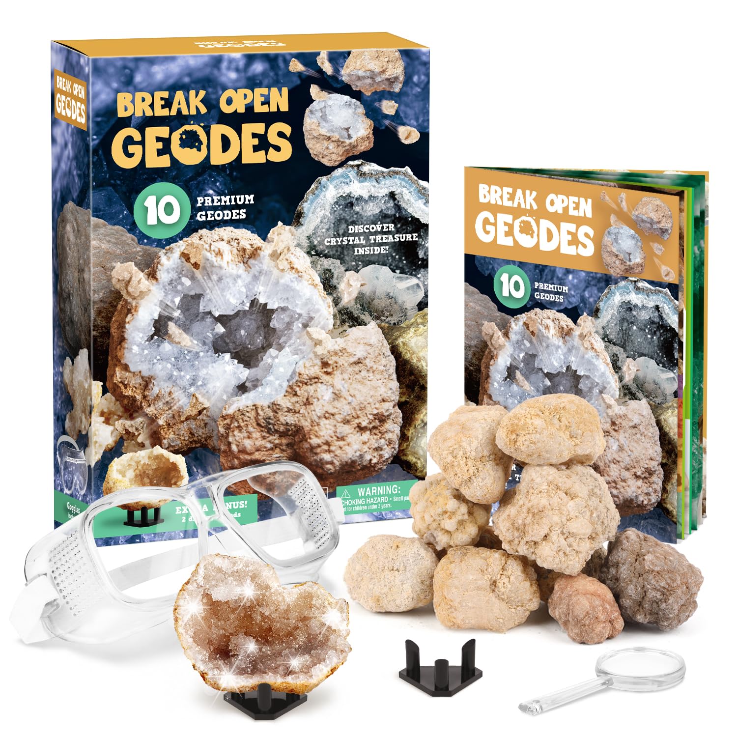 Dr. Daz Geode Crystal Rock Kit Break Your Own 10 Premium Geodes Large Set Crystals Geode Real Kit Science Craft Toys For Kids Boys Girls 8 9 10 Years Old With 2 Display Stands and Storage Pouch