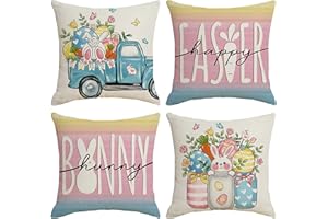 Ni-JASW Pink Blue Easter Throw Pillow Covers 18 x 18 Inch Set of 4, Colorful Bunny Eggs Truck Carrot Jars Cushion Case for Sofa Couch