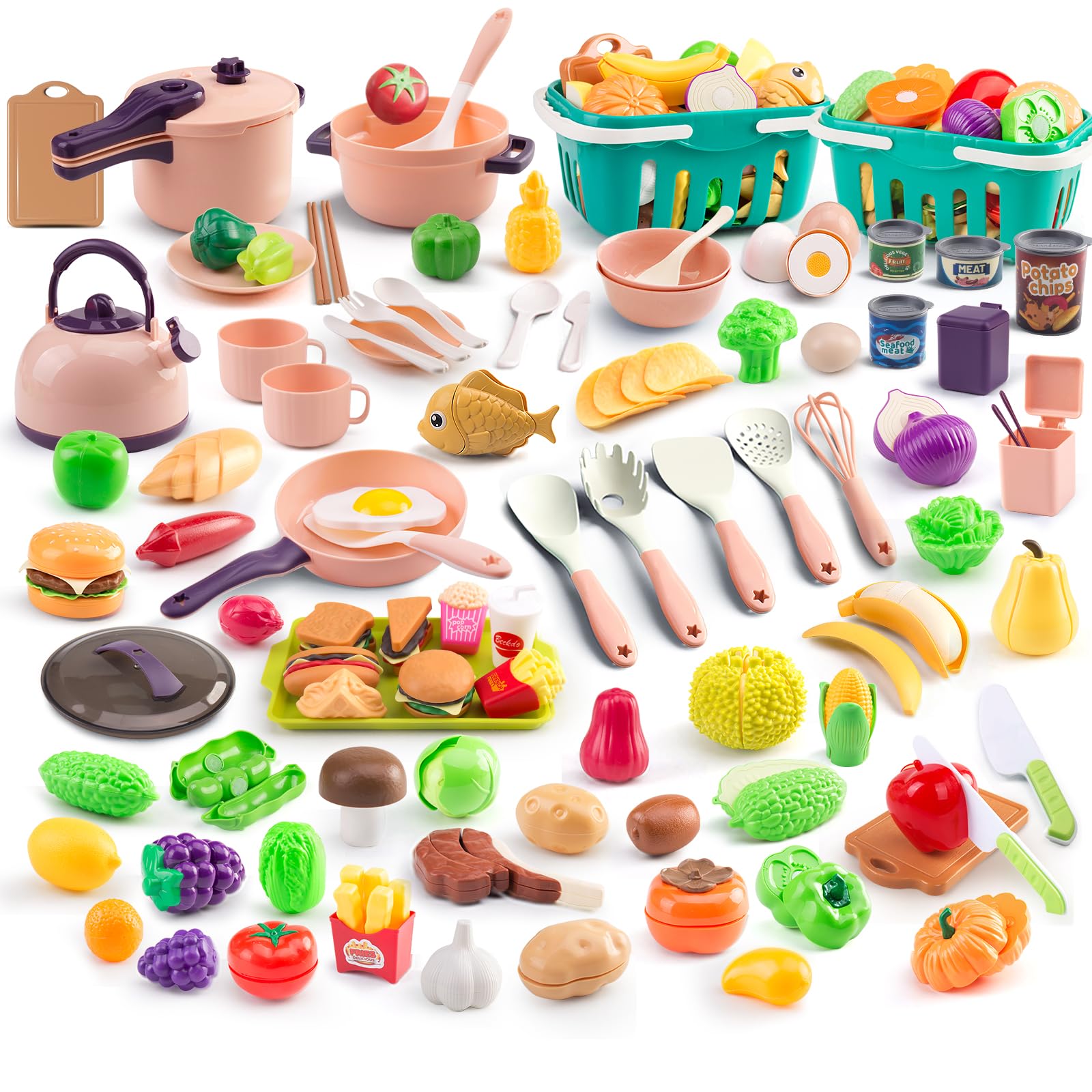 Photo 1 of 200Pcs Mini Play Kitchen Accessories for Kids, Pretend Cooking Playset with Cookware, Tableware & 2 Fruit Sets, Learning Gift for Girls, Boys, Toddlers, Pink