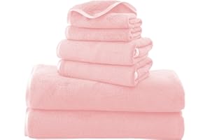 TENSTARS Luxury Silk Hemming Towel Set - Light Thin Quick Drying - 2 Bath Towels 2 Hand Towels 2 Washcloths - Ultra Soft Microfiber Towel for Bath Fitness, Sports, Yoga, Travel (Pink 6 Pieces)