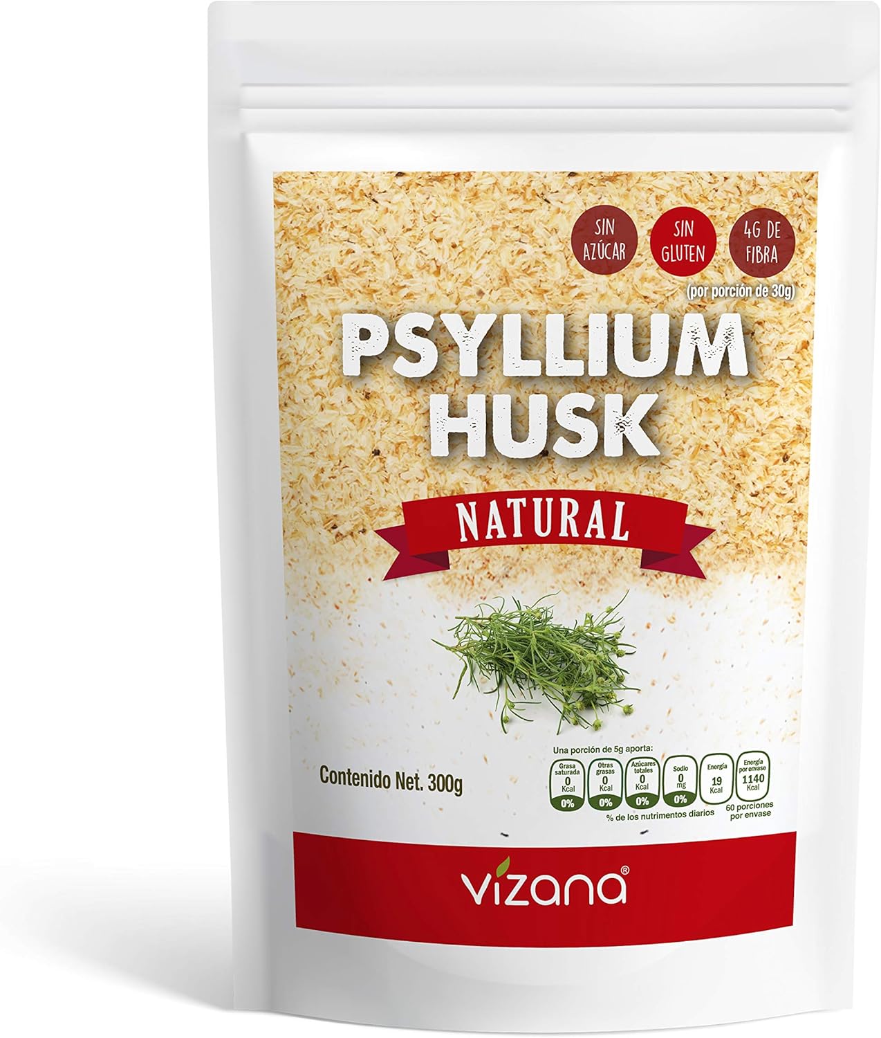 Psyllium Husk Natural en Polvo 300g, Sin Azucar Salud y