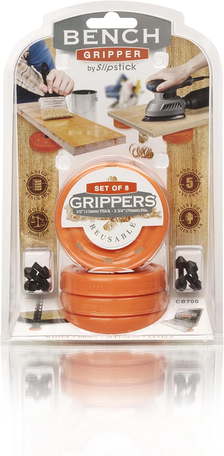 Slipstick CB700 Universal Bench Grippers with Non Slip Grip Surface for Woodworking, Painting, Leveling, Raising, and Supporting (Set of 8) 2-3/4” Round x ½” Tall-Orange, 8 Pack, 8 Count - - 