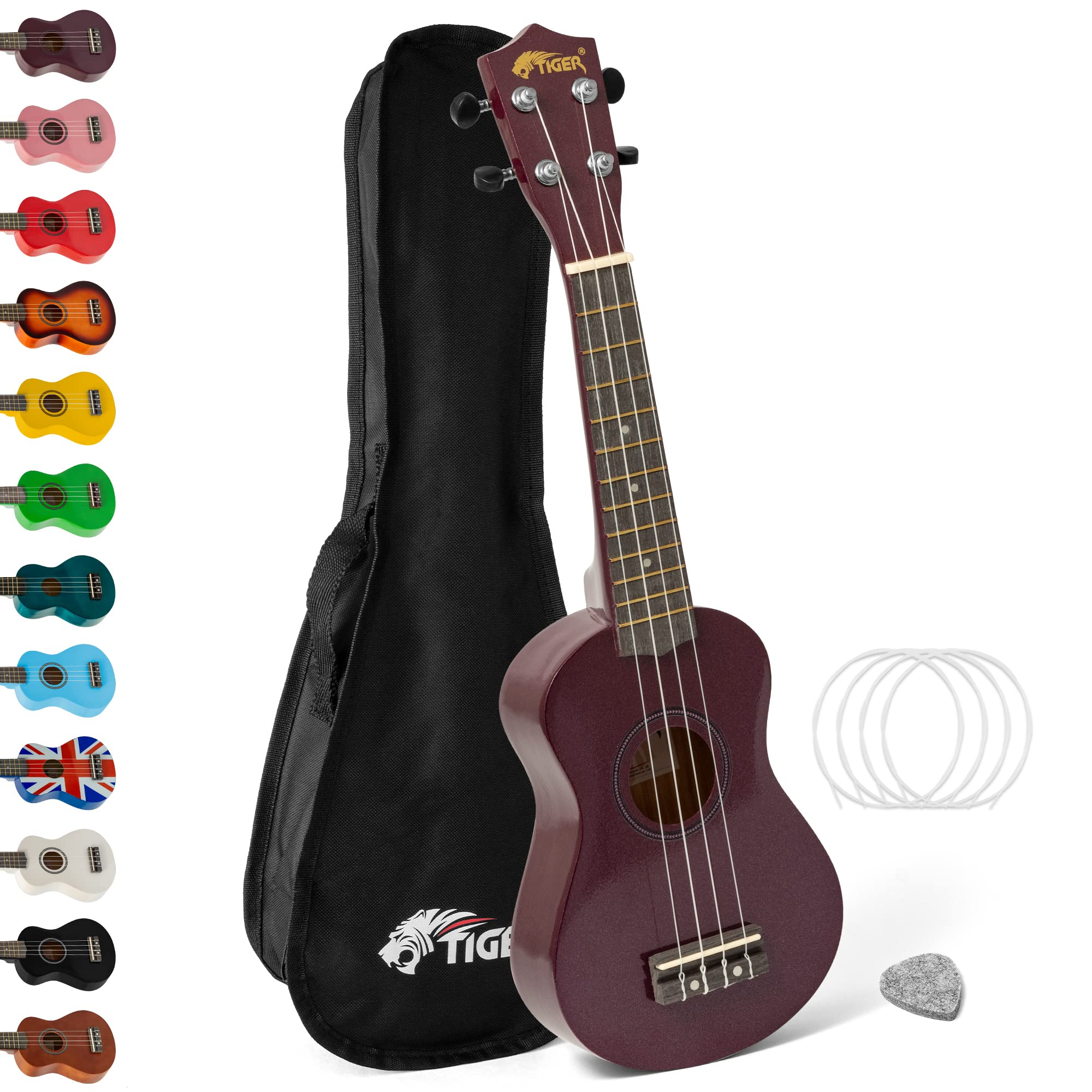 Tiger UKE7-PP Soprano Ukulele - Ideal for Beginners and Schools – Includes Gig Bag, Felt Pick, Spare Strings now with Aquila Strings – Purple