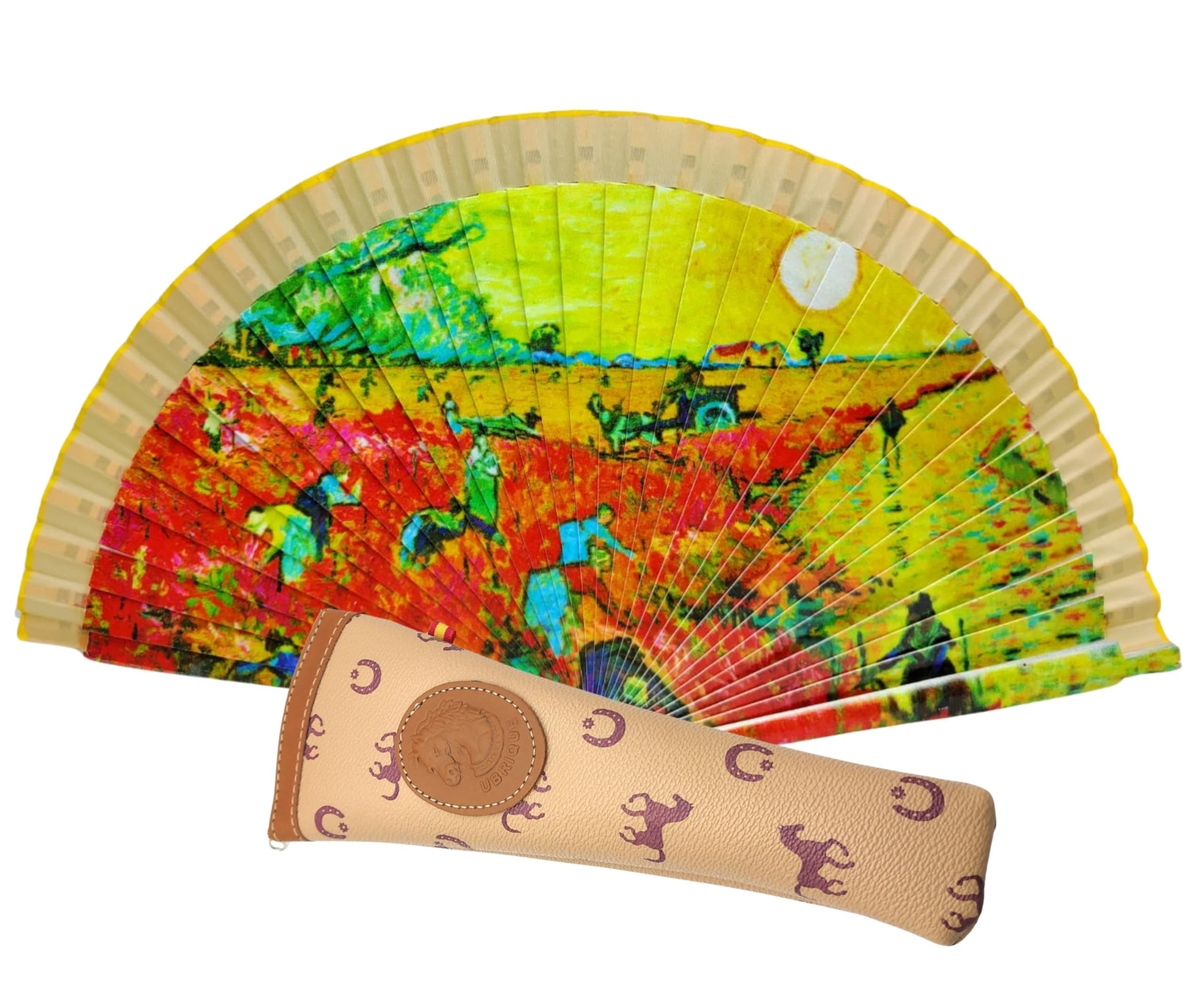 Planta Color Folding Hand Fan with Case, Beautiful Landscape Pattern, Decorative Fan with Cover, Includes a Magnet or Keyring of Spanish Customs (Ochre Landscape)