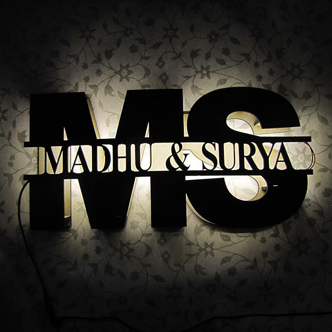 Varna Crafts Wooden Personalized Couple Alphabets Laser Cut LED Night Lamp (400 x 200 mm, Brown)