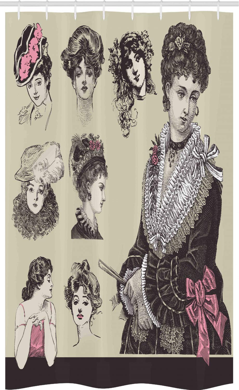 ABAKUHAUS Vintage Woman Stall Shower Curtain, Retro Lady, Fabric Bathroom Decor Set with Hooks, 47" x 70", Multicolor