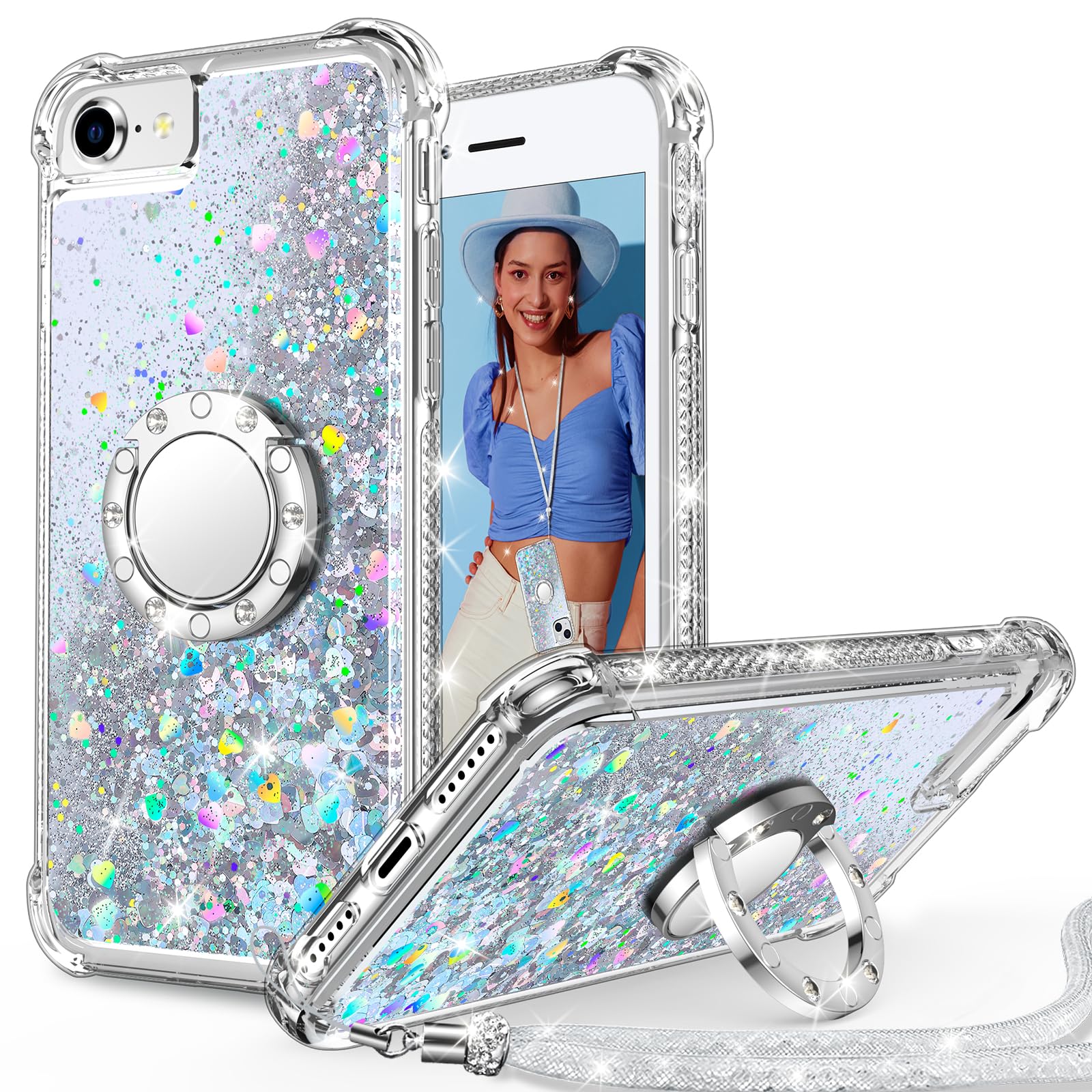 Unlicaku for iPhone SE 2022/2020/8/7 Case - Holographic Sparkle Glitter Cute Diamond Ring Protective Phone Case, Clear Silver — image 1