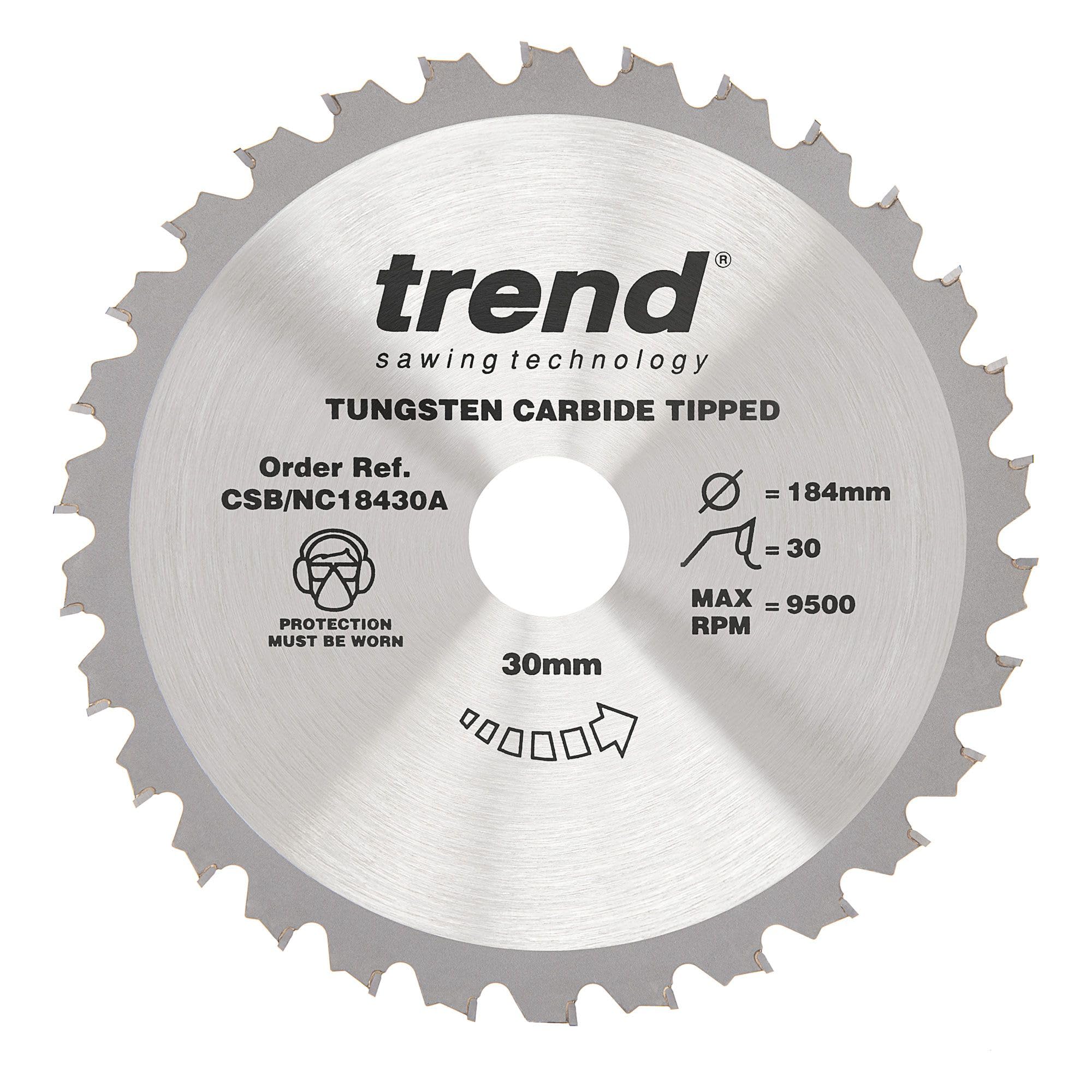 Trend Wood Circular Saw Blade, 184mm Diameter, 30mm Bore, 30 Teeth, 2.6mm Kerf, +15° Hook, TCT, Medium Finish, CSB/18430A