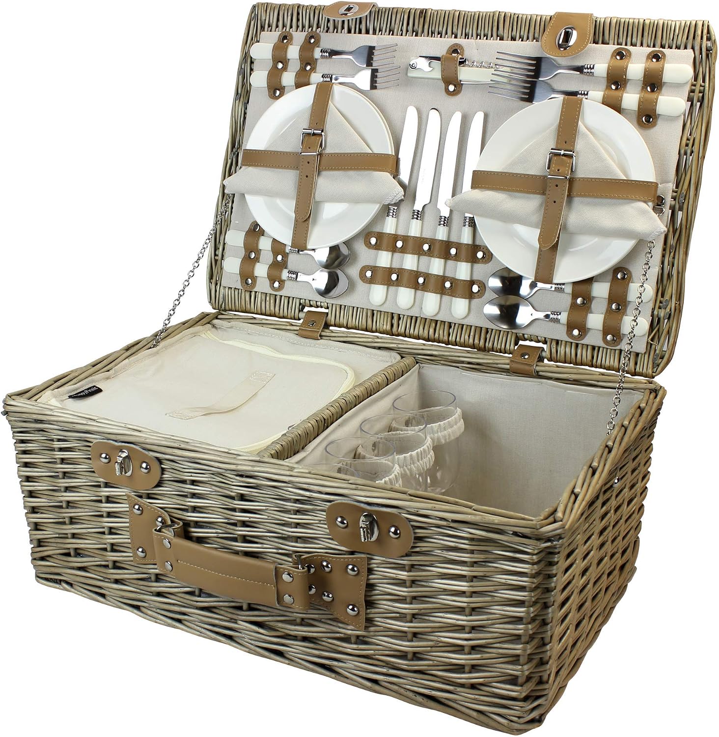 HappyPicnic 4 Persons Somerset Willow Picnic Basket, Wicker Hamper Set with Insulated Cooler Compartment(Grey Color)