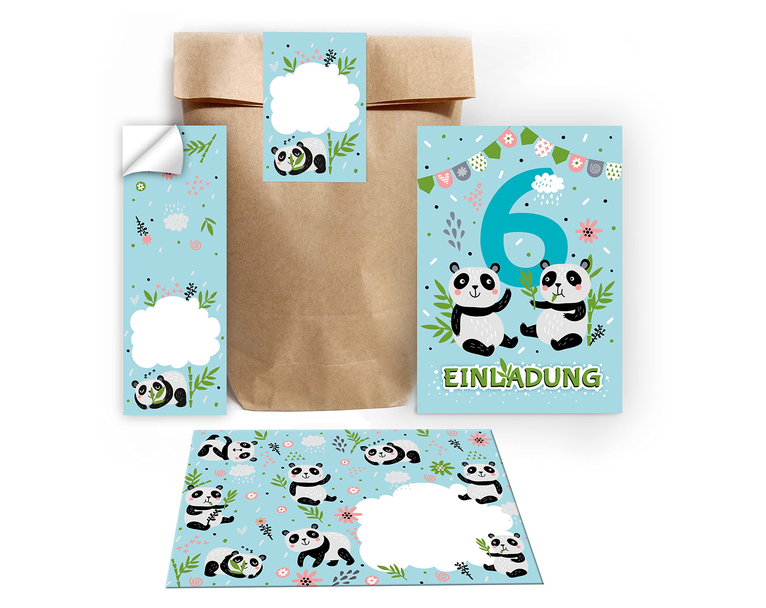 12 Invitation Cards for 6th Children's Birthday Girls Boys Panda Including 12 Envelopes, 12 Bags/Natural, 12 Stickers