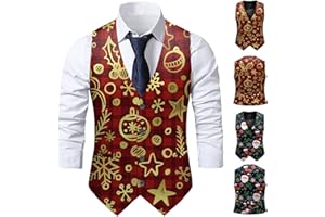 Mens Christmas Suit Vest Funny Xmas Printed Sleeveless Button Vest Slim V-Neck Holiday Festival Party Tank Tops