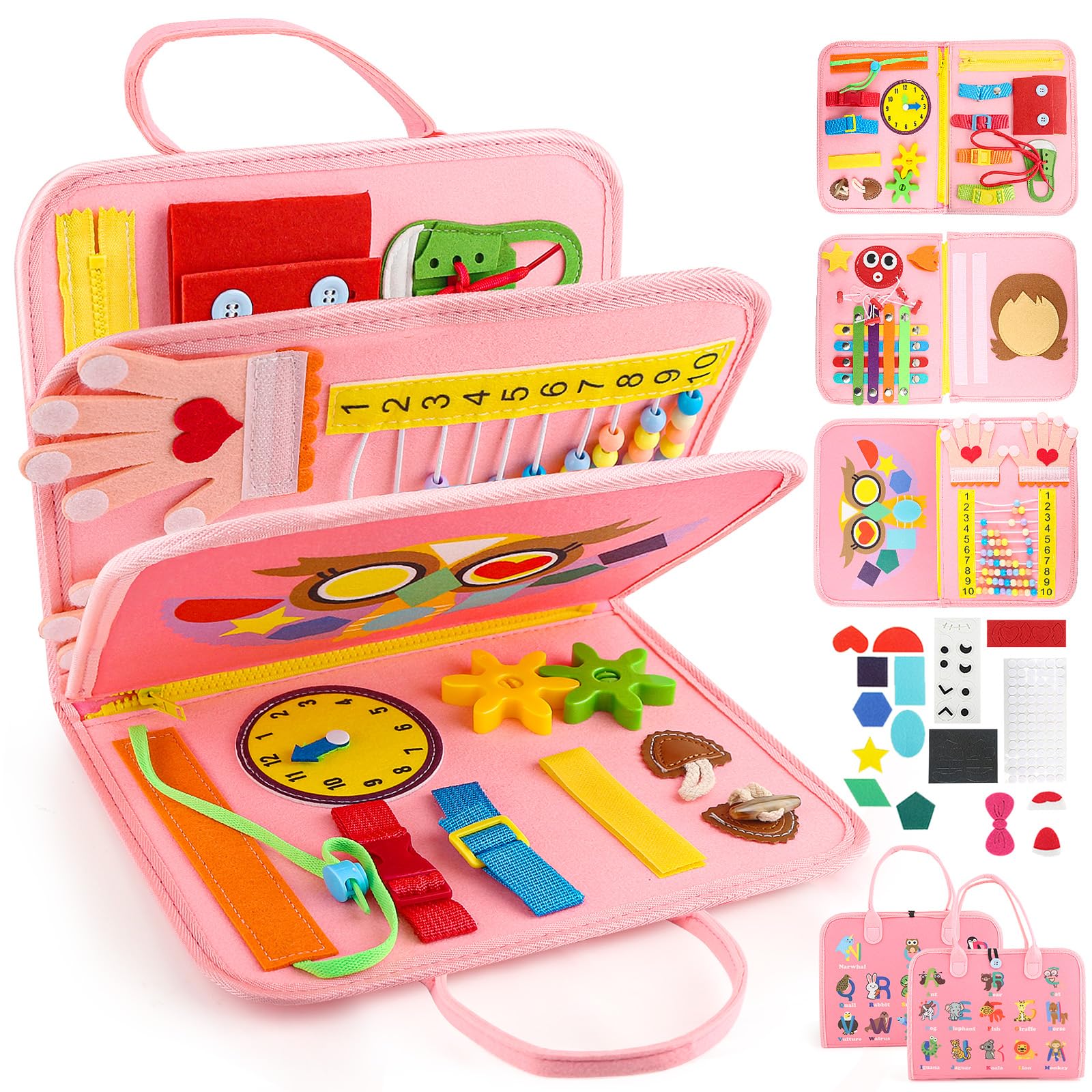 EPIMA Toddler Busy Board, Montessori Sensory Toys for Boys, 1-4 Year Old Girl Toddler Travel Toys, Educational Learning Activities Board for Motor Skills, Birthday Gifts for Airplane Car, Pink