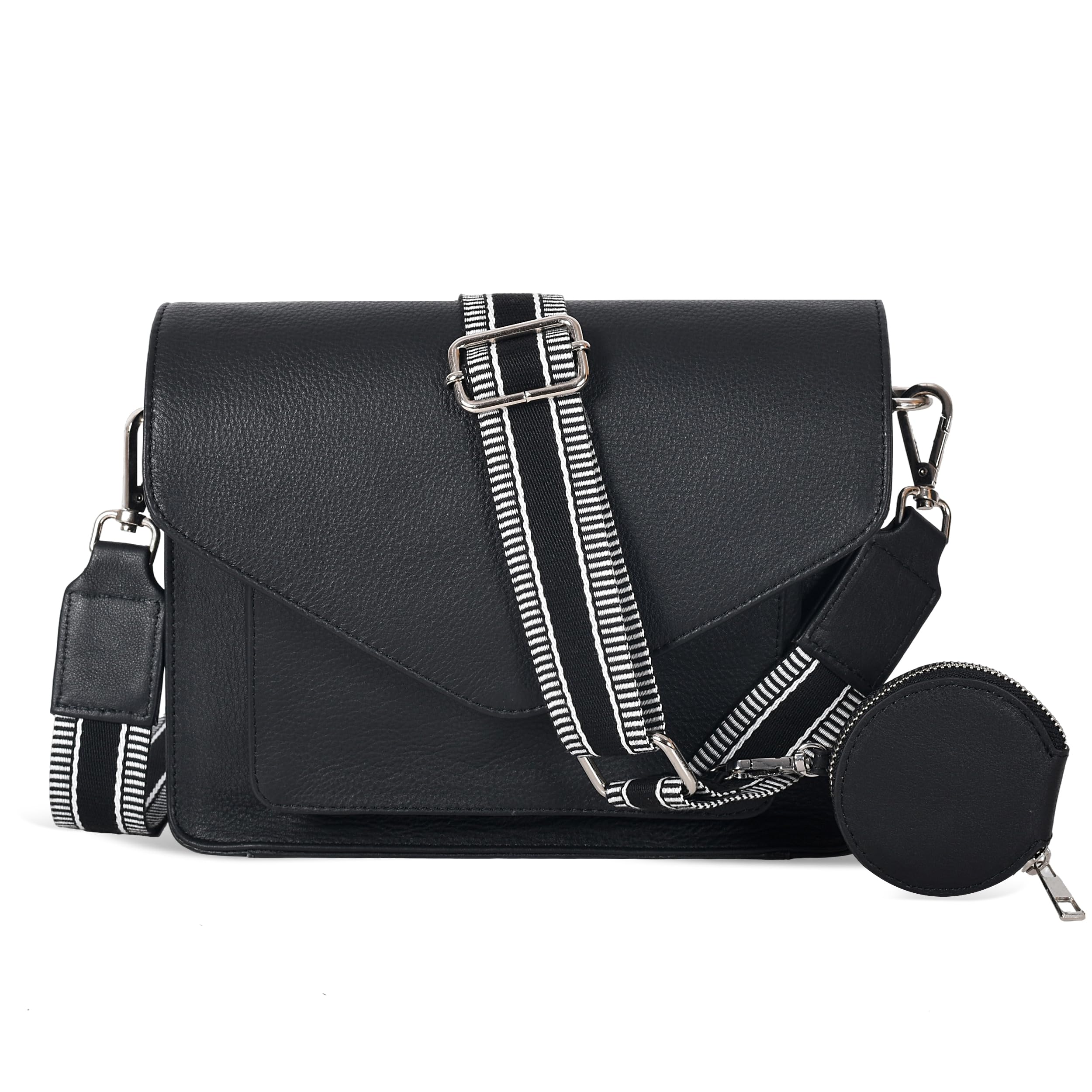 Photo 1 of Leather Flapover Crossbody Handbag Purse for Women with Adjustable Strap & Overflap Snap Closure Tote/Bag (Black NDM W2 COIN)