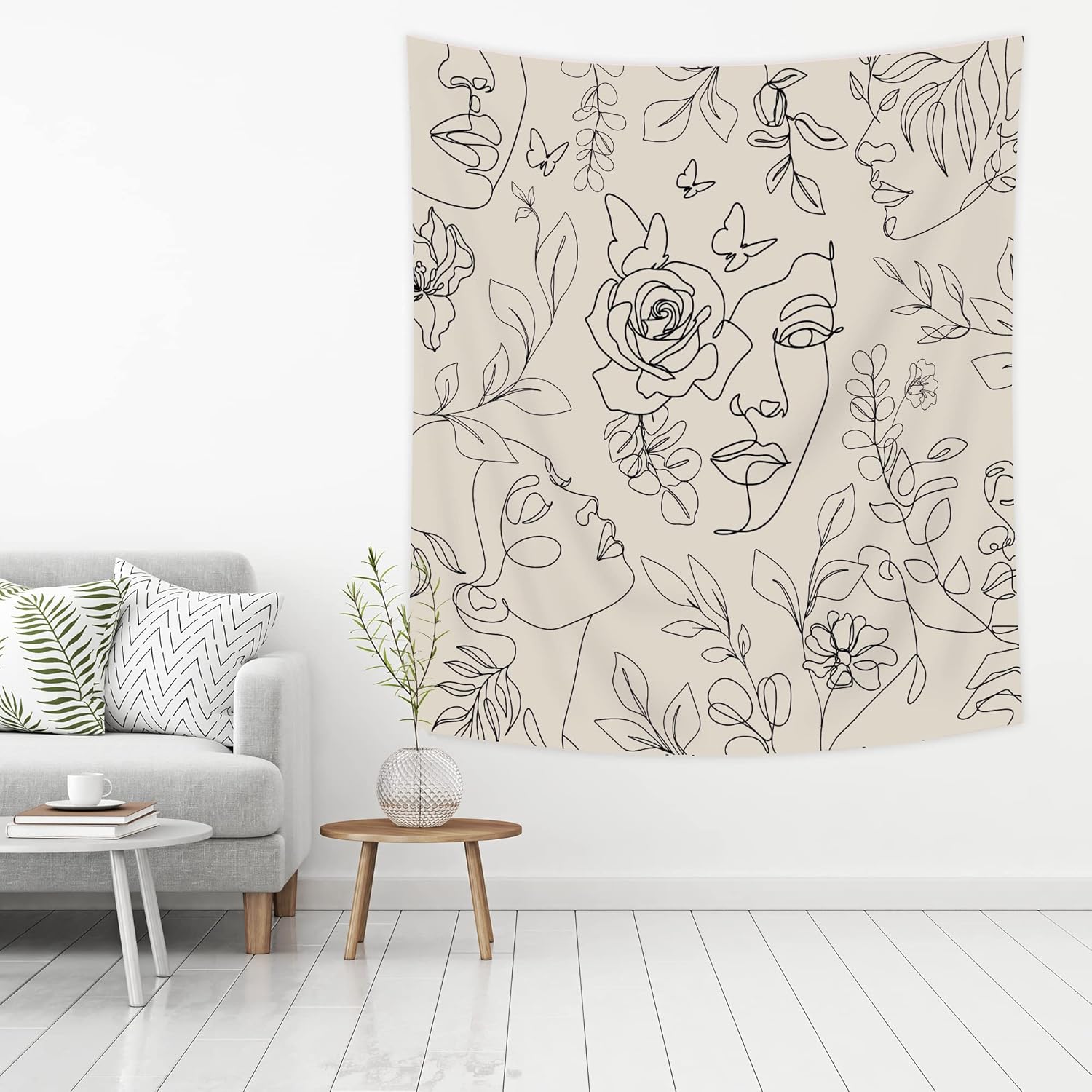 Tapestries - SVBright Abstract Woman Face Fabric Wall Hanging Tapestry 59WX78H Inch Floral Leaves Butterfly Art Line Lady Beige Black Flower Aesthetic Modern Minimalist Home Decor Art for Living Room Bedroom Dorm