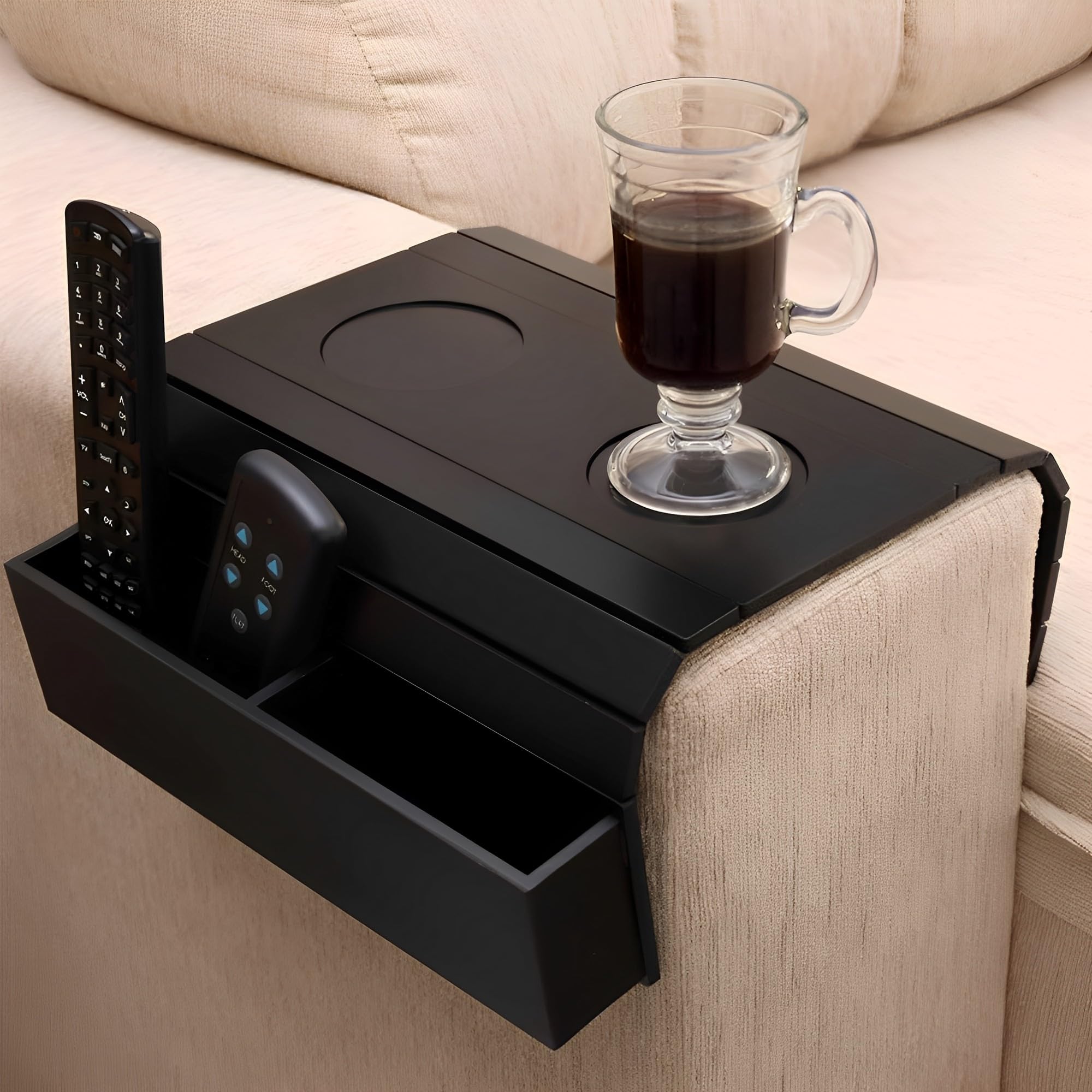 JIAJMIAN Sofa Arm Tray Table, Wooden Sofa Arm Tray, Folding Armrest Tray, Armrest Table Organiser with 2 Pockets and Cup Holder for Drinks, Snacks and Remote