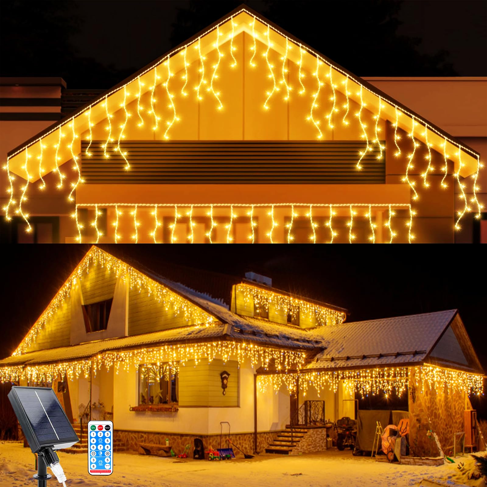 WoskjXas Solar String Lights, 26Ft Waterproof Icicle Lights 264 LED Icicle Fairy Light 44 Pcs Hanging Curtain String Lights 8 Modes Waterfall String Light with Remote for Christmas Party (26Ft)