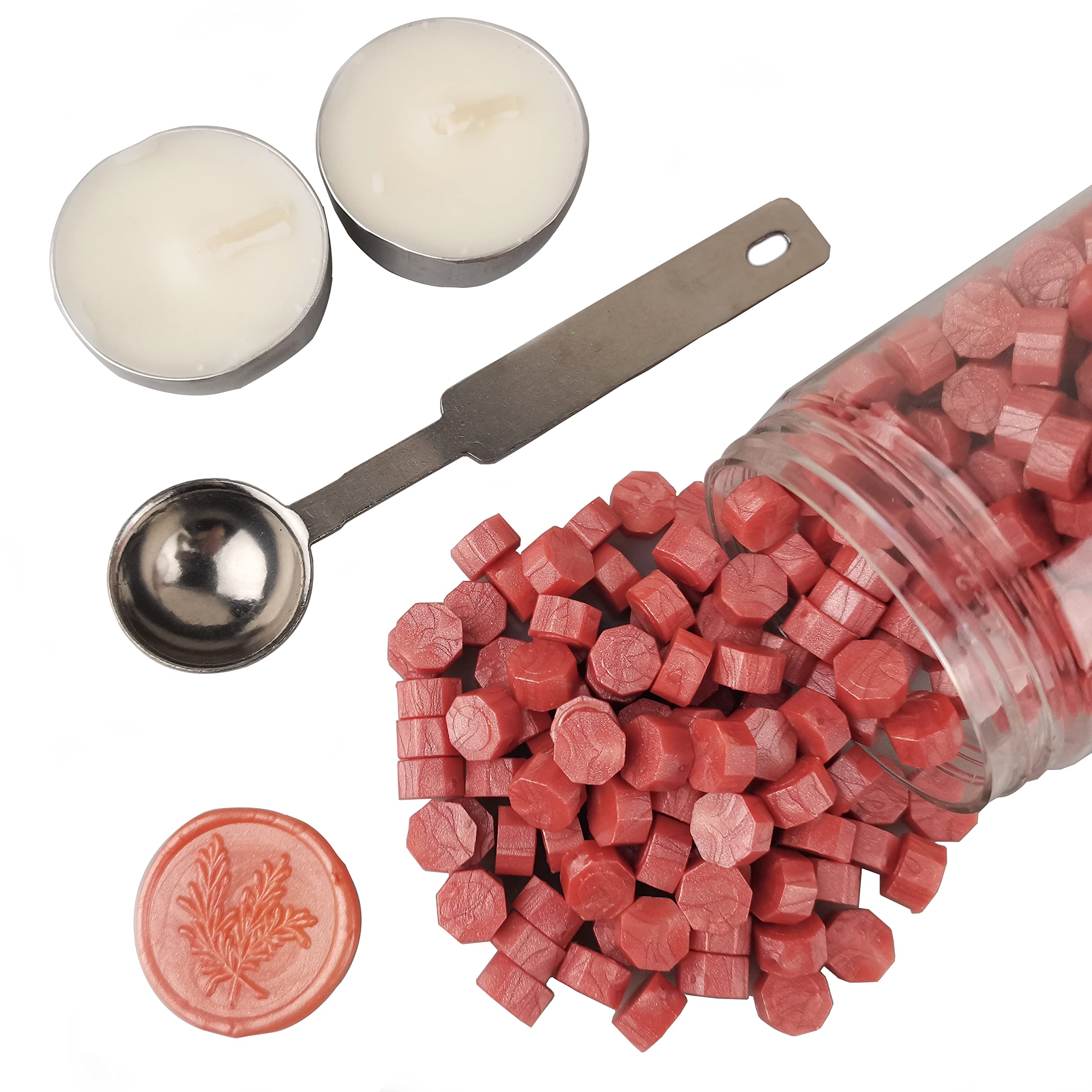 Sealing Wax Beads, AMTOL 300 Pcs Wax Sealing Beads with 2 Pcs White Candles and 1 Pcs Wax Melting Spoon, Great for Wedding Invitations,Cards Envelopes, Gift Wrapping (Orange Red)
