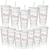 12 Pcs Mahjong Cups Bulk with Lids and Straws 24 oz Reusable Plastic Mah Jong Cups Mahjong Party Supplies Mah Jong Chinese Gifts for Women Friends Game Night Home Birthday Celebration Accessories