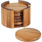 LemonRoad Set of 7 Acacia Wood Coaster Stand Set 6 Round 3.6'' Coasters with 1 Holder Dark Brown Rustic Wooden Drink Coaster for Coffee Table, Bar, Kitchen, Home Decor and Housewarming Gift
