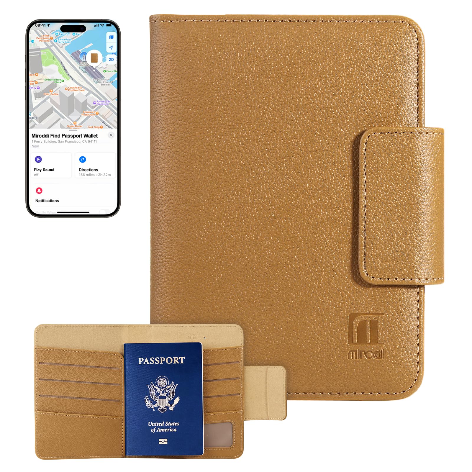 Photo 1 of Miroddi Passport Holder for Travel, Works with Find My, Premium Leather Passport Wallet Card Holder for Men and Women, Trackable Passport Cover Case with 8 Card Slots, RFID Blocking, ID Window, Brown