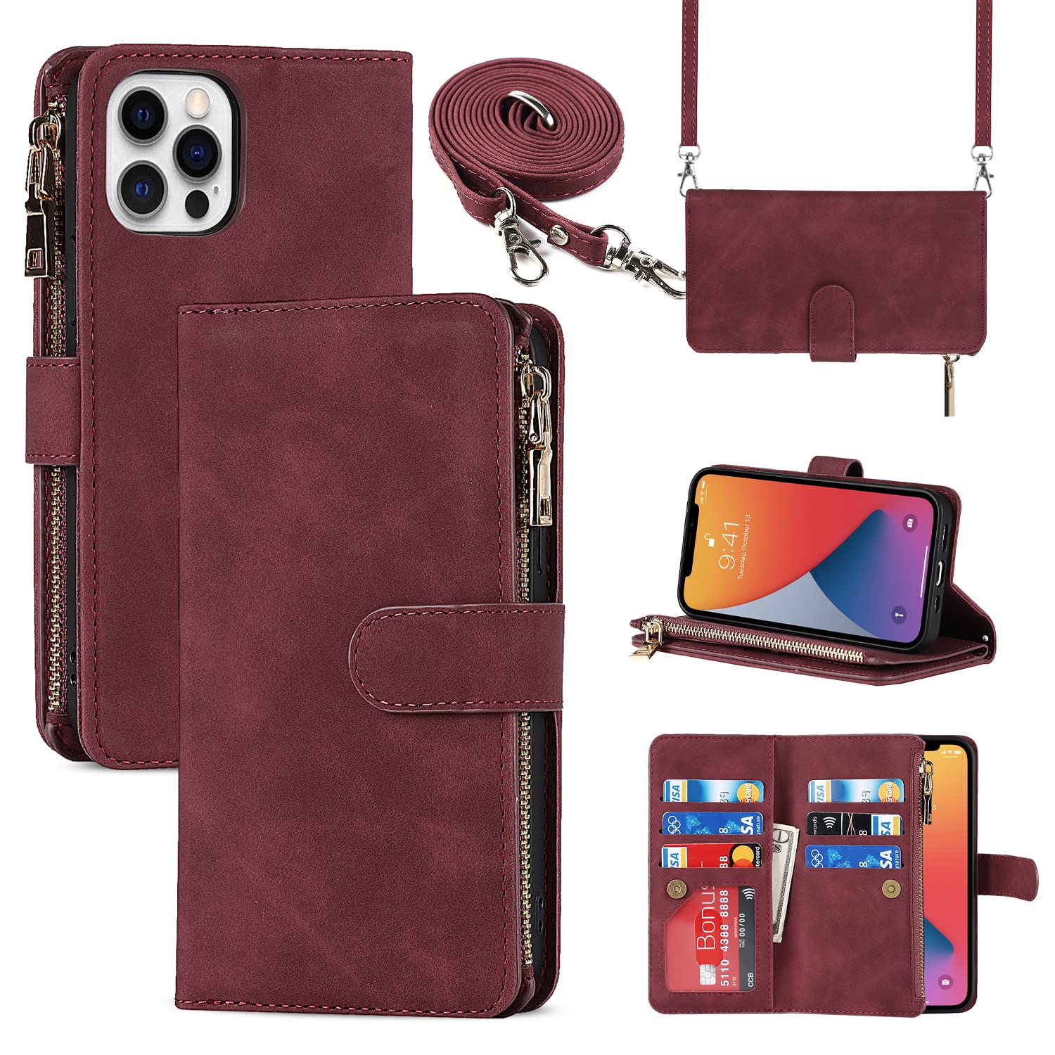 Cavor Crossbody iPhone 12/12 Pro Case With Card Holder With Strap,Flip Leather Wallet Case,[9 Card Holder] Zipper Detachable Lanyard Phone Case Cover for Women for iPhone 12/12 Pro - Red — image 1