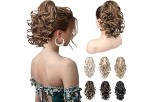 REECHO 12" Ponytail Extension, Classic Loose Curly Wavy Claw Clip Pony tails Hair Extensions Hairpieces for Women (Light Brown with Blonde Highlights)