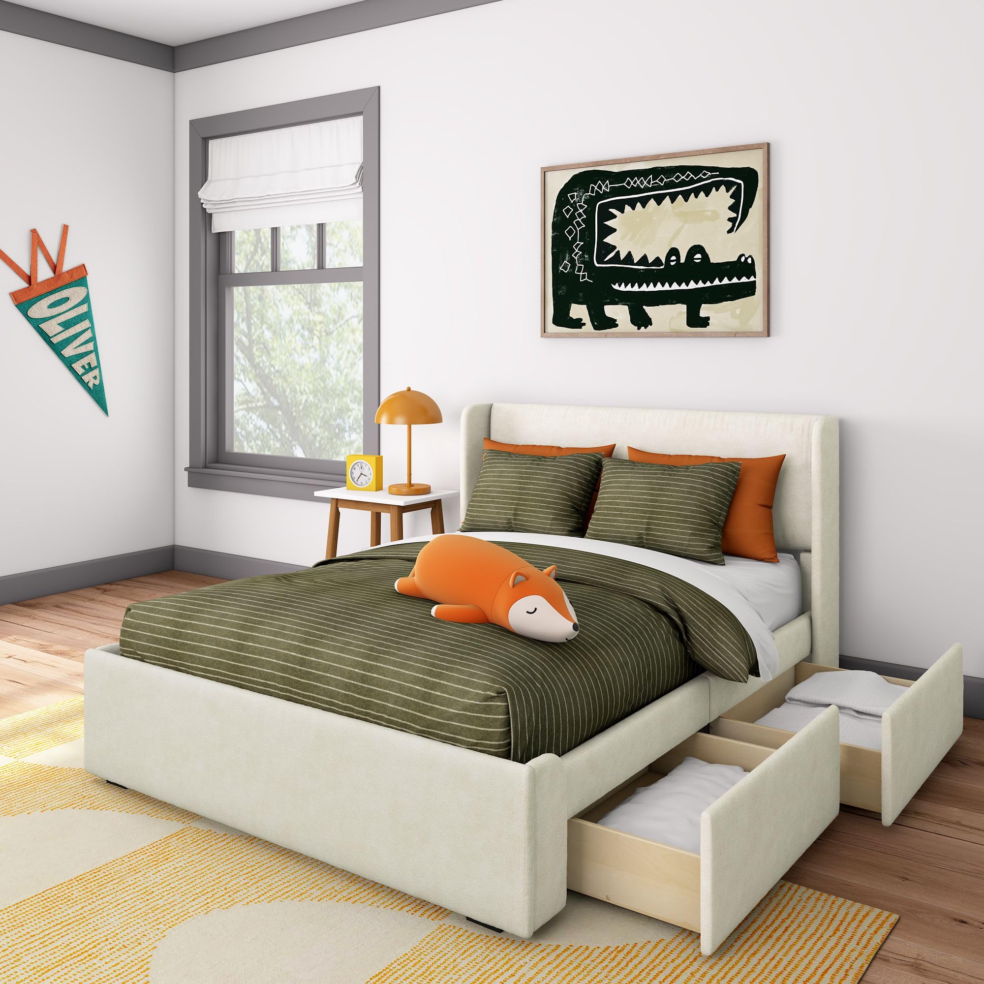 Max & Lily Upholstered Full Bed Frame with Rectangular Headboard and Two Storage Drawers, Upholstered Platform Bed for Kids, No Box Spring Needed, Easy Assembly, Cream