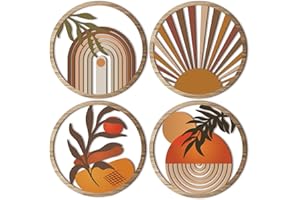 Qunclay 4 Pieces Boho Wall Art Wooden Round Wall Decor Hollow-out Hanging Art Nursery Decor Farmhouse Geometric Hanging 10 In