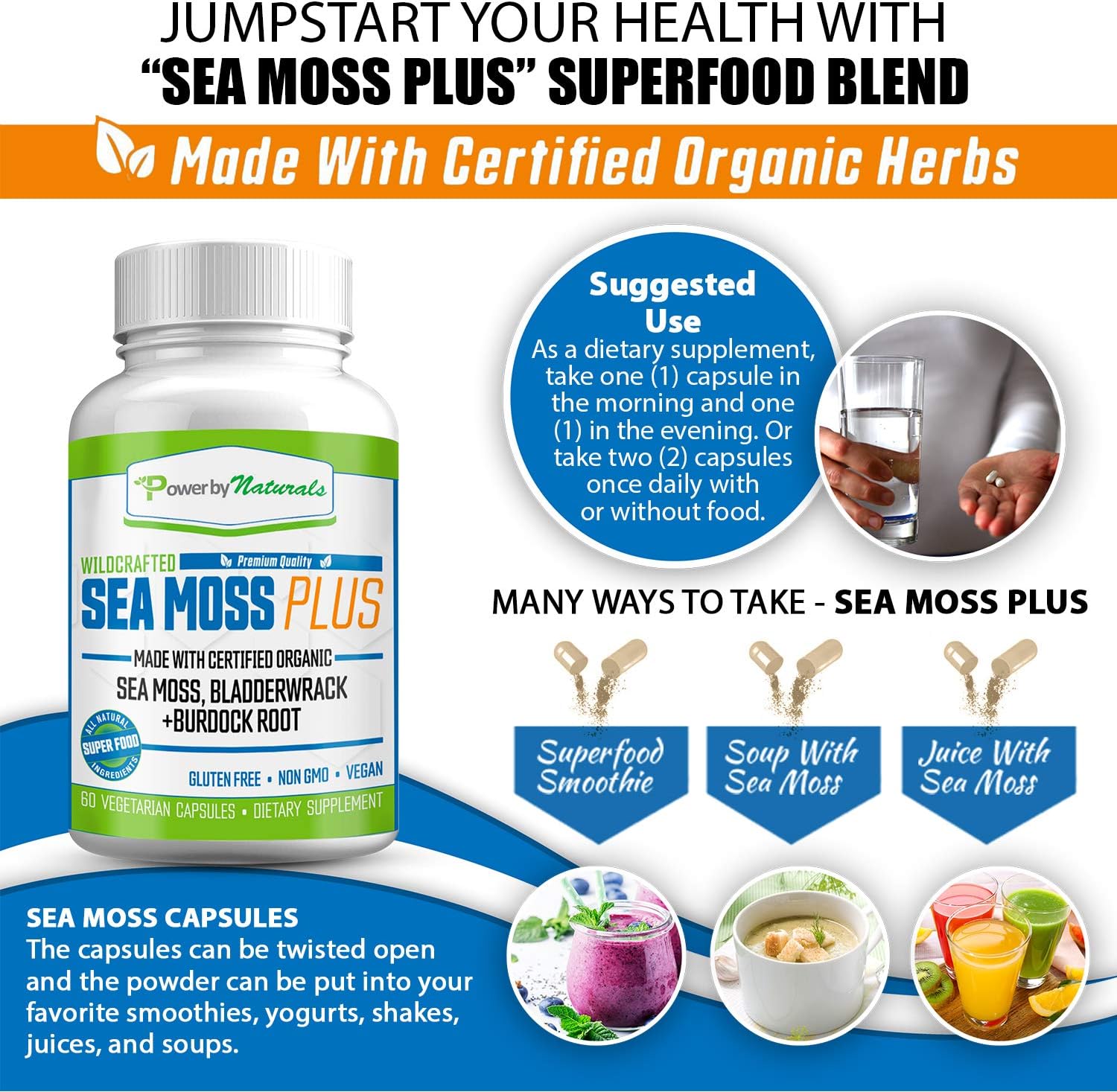 Power by Naturals – Certified Organic Sea Moss Plus – Wildcrafted Irish Sea Moss Bladderwrack Burdock Root – Pure Sea Moss Powder Supplements - No Fillers, Vegan, non-gmo - Seamoss Capsules (60 Pills): Health & Personal Care