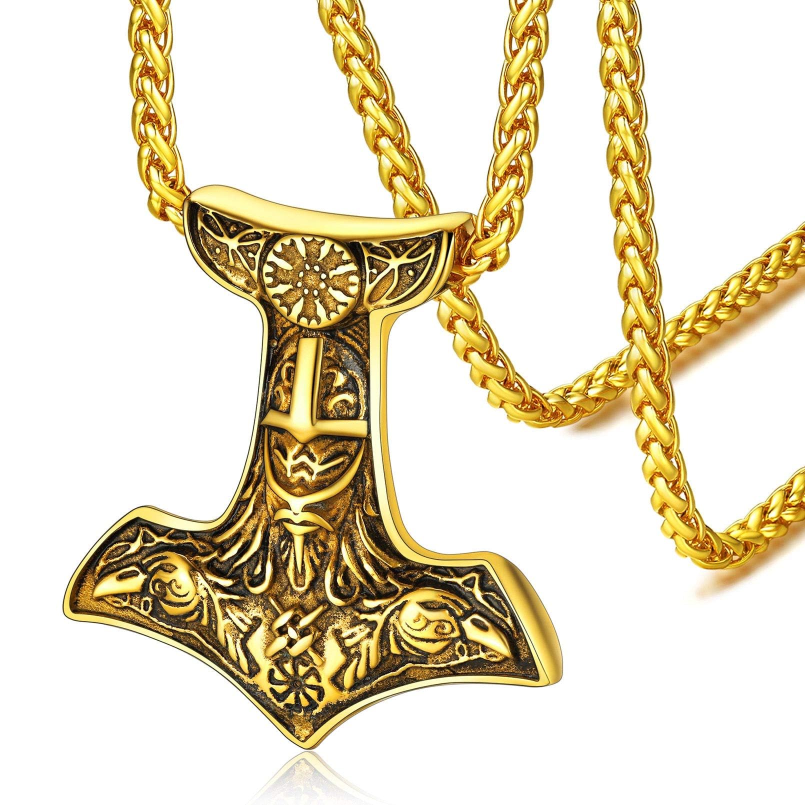 FaithHeart Gold Hammer Pendant Necklace Retro Vikings Mjolnir Jewelry Viking Chain for Strength Norse Mythology Gifts for Grandpa