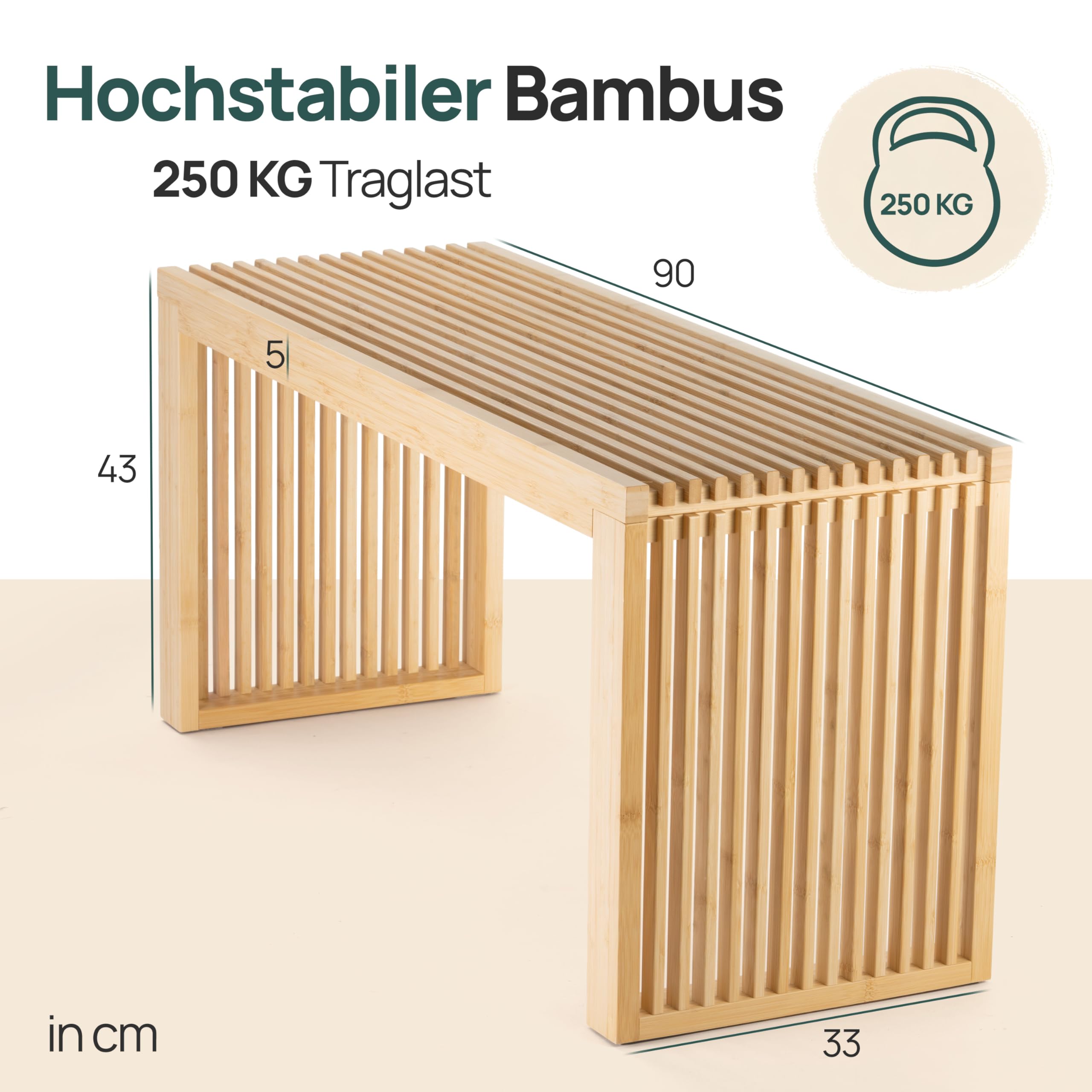 BAM BOO BOX Sitzbank aus Bambus – stabile Holzbank ohne Lehne für Flur, Bad, Küche, Esszimmer oder Schlafzimmer – kleine Sitzbank Holz 90x33x43 cm – bis 250 kg belastbar 2