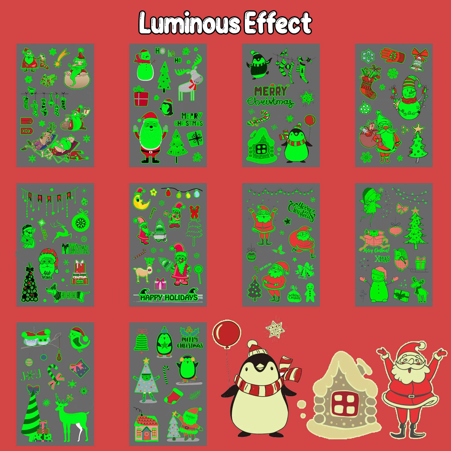 Partywind 10 Sheets Luminous Christmas Temporary Tattoos for Kids Stocking Stuffers, Christmas Party Decorations Supplies Favors for Birthday, Xmas Holiday Stickers Games Toys for Boys Girls