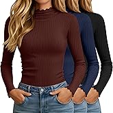Oakgarden 3 Pack Women's Turtleneck Cotton Shirts, Long Sleeve Ribbed Lettuce Trim Mock Neck Slim Fit Tops Soft Base Layer